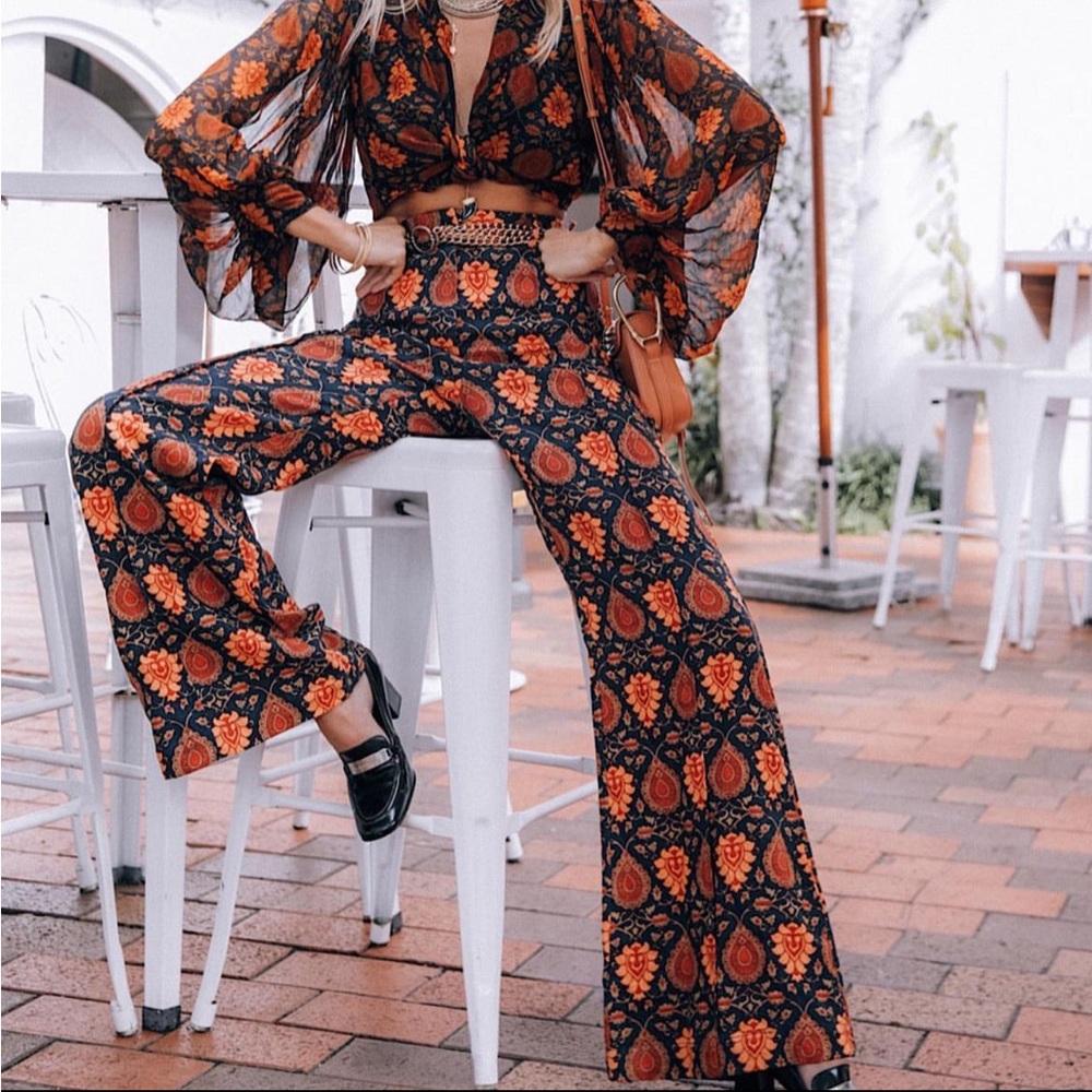 Chasing Unicorns Black Floral Wide-Leg Pants with Orange Print